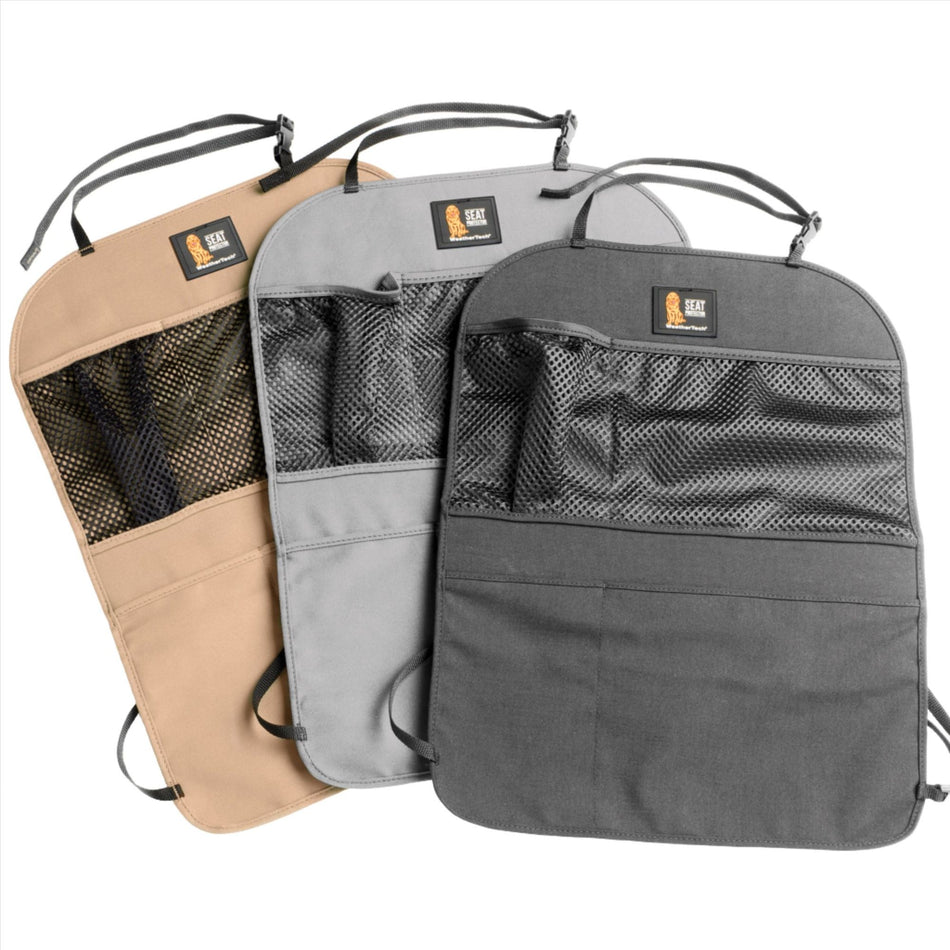 WeatherTech Car Seat Back Protectors in tan, light grey and grey, keep the back of your seat clean and provides in car storage